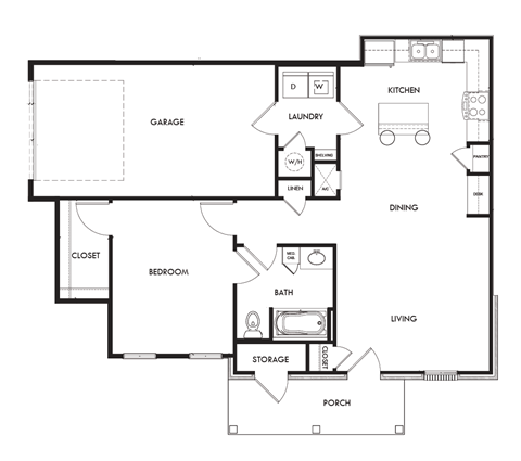 Floor plan for 1 bed, 1 bath, 794 sqft